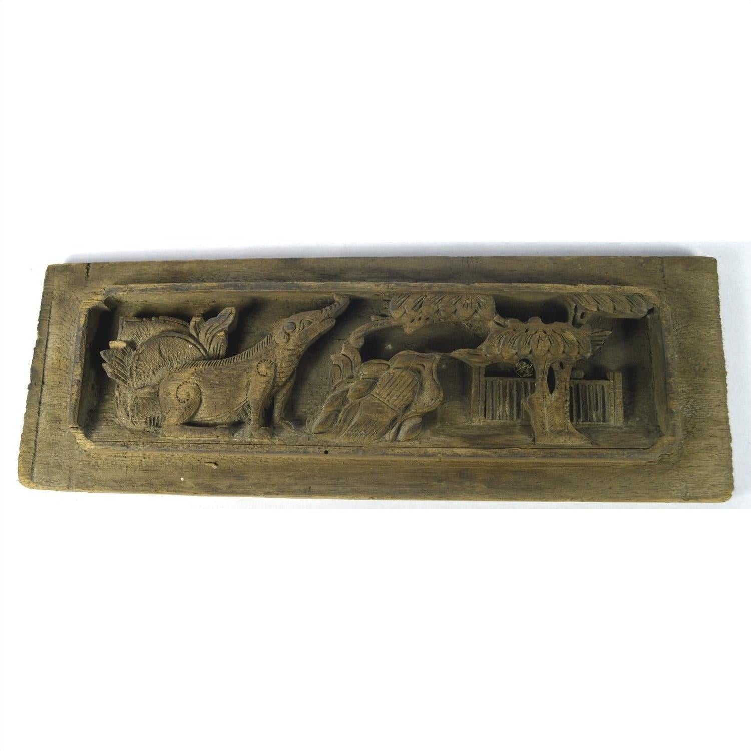 Gold and brown wood Chinese temple plaque with carved deer, tree, and leafy plants, 12x4x1 inches, close-up view.