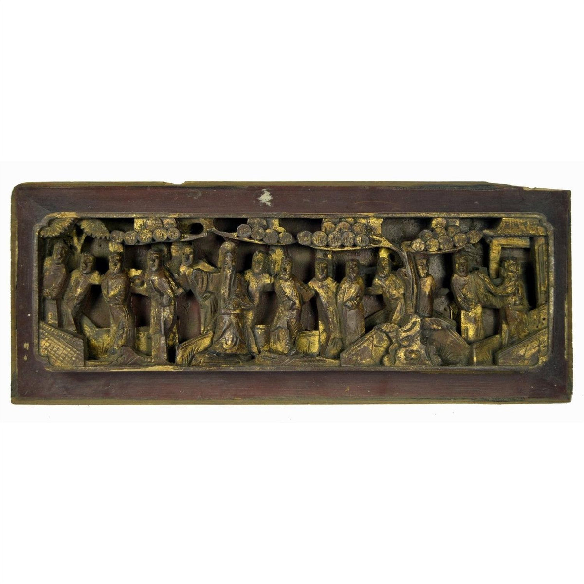 Gold-painted wood temple plaque with Chinese figures in traditional attire beneath ornate arches, close-up view.