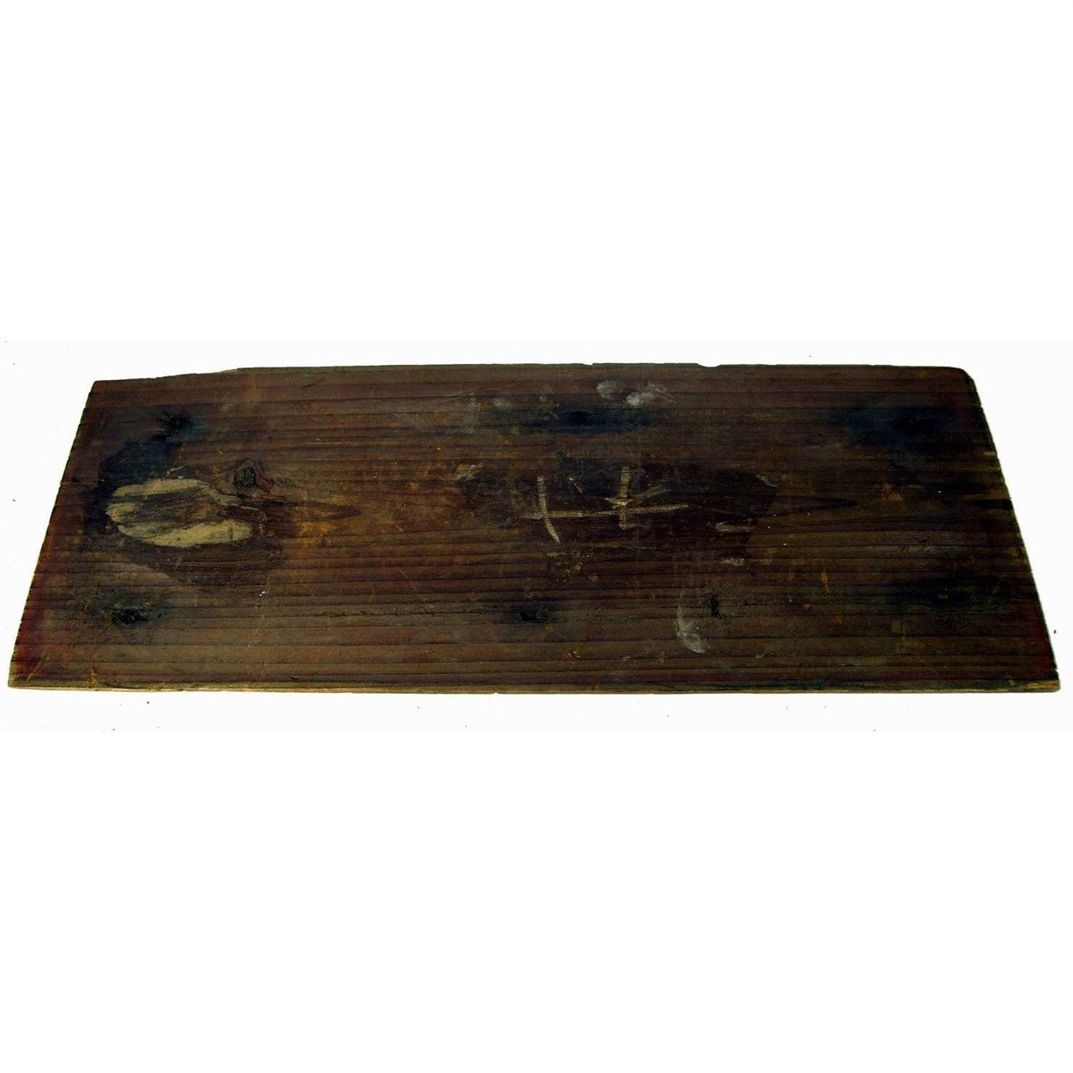 Close-up of weathered dark-stained wood Chinese temple plaque, antique architectural panel against plain background.