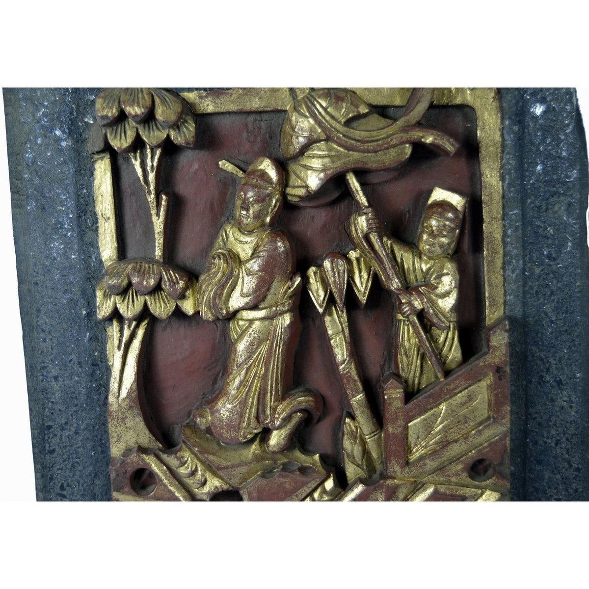Red and gold wood Chinese wedding bed plaque with two robed figures, one standing, one kneeling among carved trees.