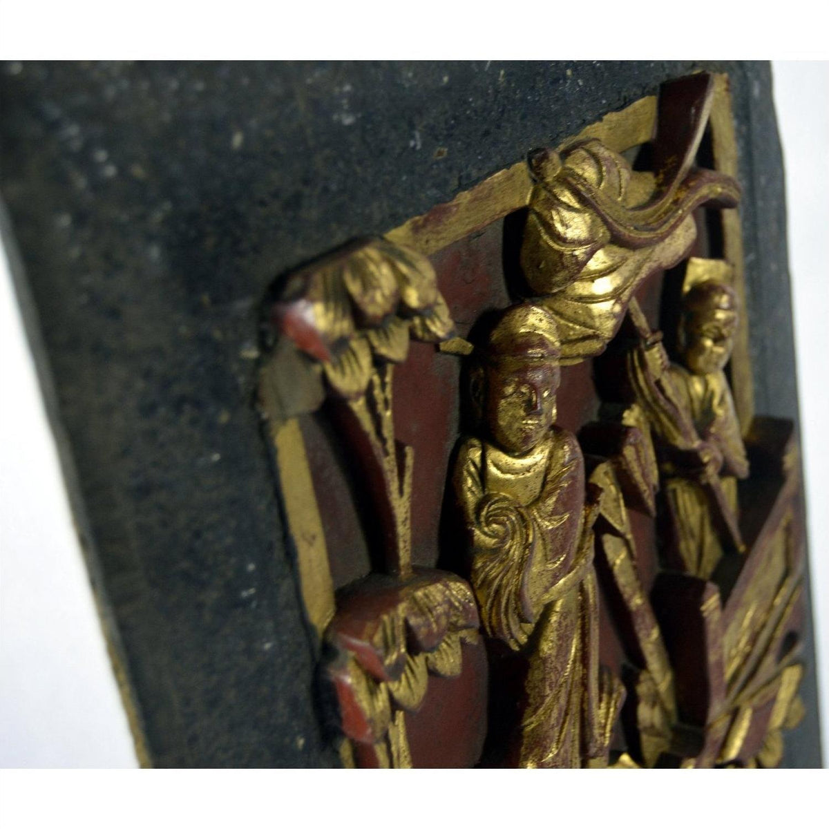Close-up of red and gold carved wood Chinese wedding bed plaque, antique architectural detail, 11.5 x 6 x 0.75 inches.