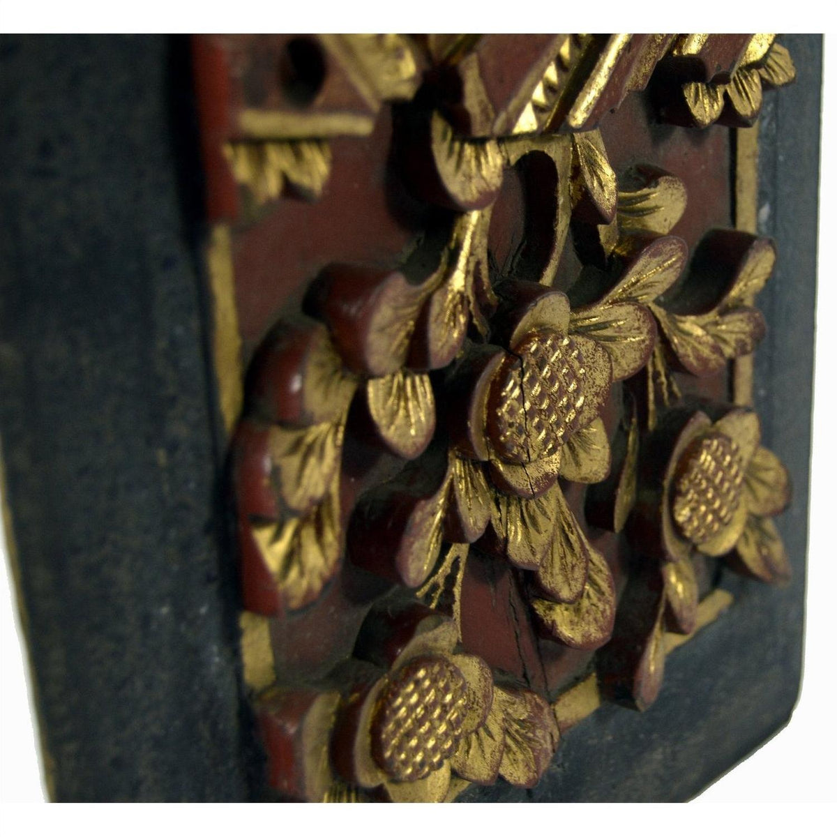 Close-up of red and gold ornate wood Chinese wedding bed plaque, 11.5 x 6 x 0.75 inches.