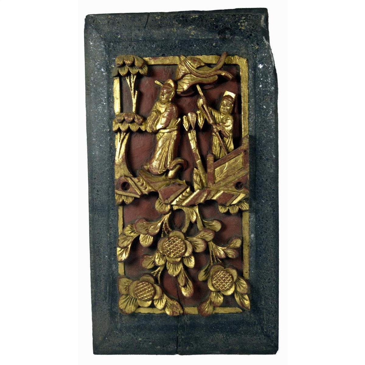 Close-up of red and gold carved wood Chinese wedding bed plaque with floral motifs and figures, 11.5"x6"x0.75".