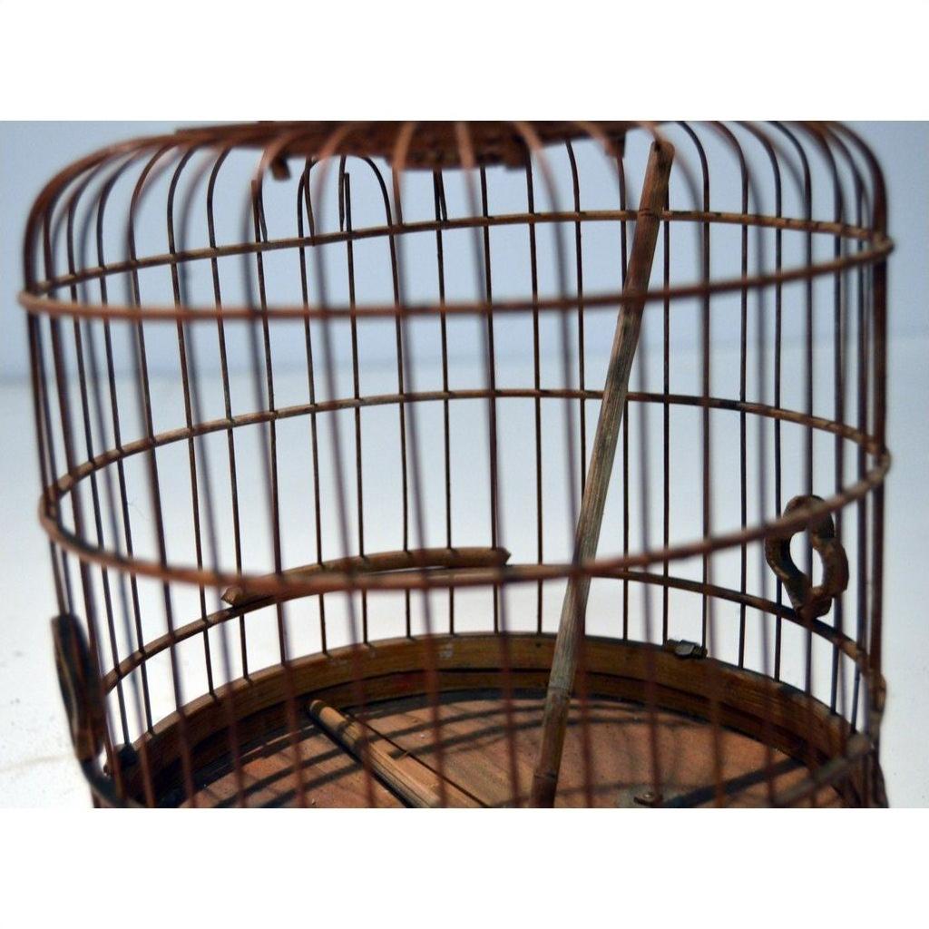 Close-up of antique Chinese bird cage with thin metal bars and wooden perch, highlighting aged metal details.