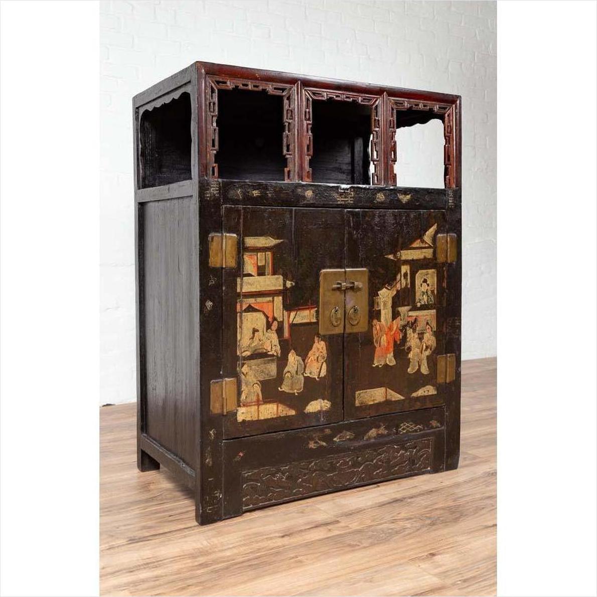 Antique Chinese Display Cabinet with Hand Painted Chinoiserie and Open Shelf-15. Asian &amp; Chinese Furniture, Art, Antiques, Vintage Home Décor for sale at FEA Home