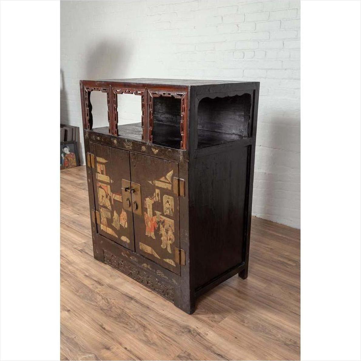 Antique Chinese Display Cabinet with Hand Painted Chinoiserie and Open Shelf-16. Asian &amp; Chinese Furniture, Art, Antiques, Vintage Home Décor for sale at FEA Home