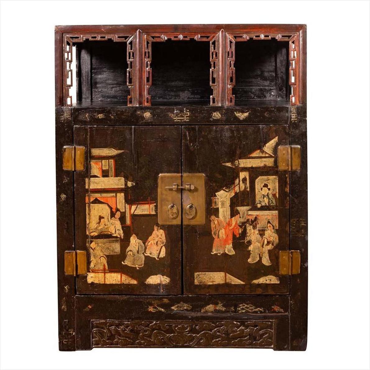 Black lacquered wood Chinese display cabinet with hand painted chinoiserie, open shelf, and brass handles.