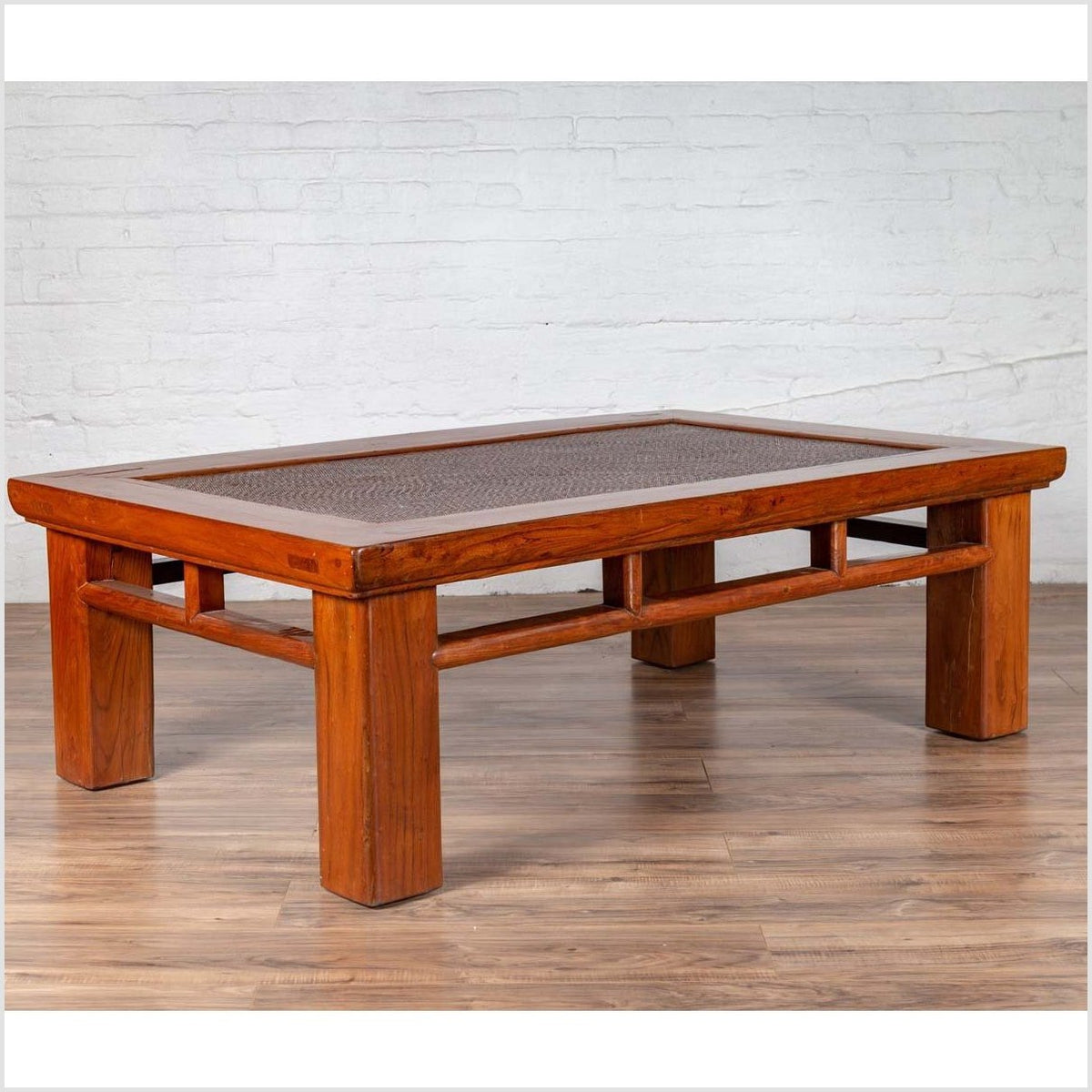 Antique Chinese Elm Coffee Table with Square Legs and Rattan Inset Top-2. Asian & Chinese Furniture, Art, Antiques, Vintage Home Décor for sale at FEA Home