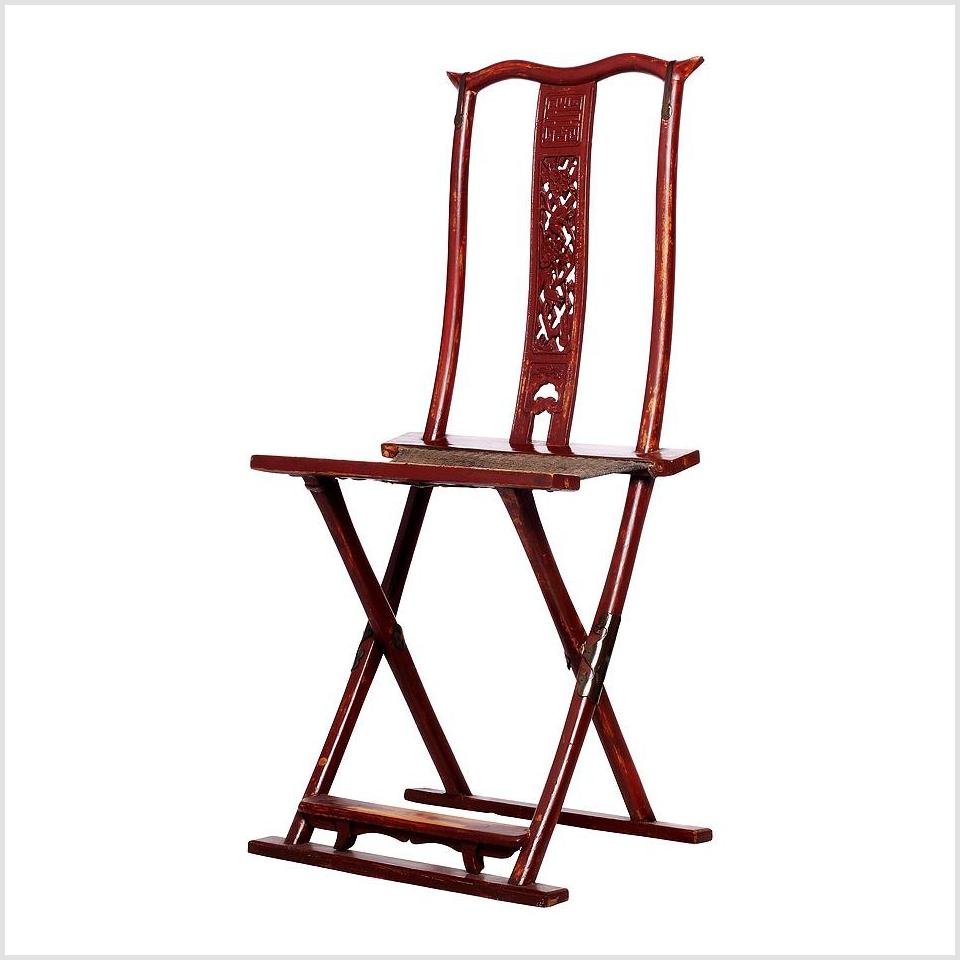 Antique Chinese Folding Chair – Carved Back Panel, Red Lacquer-2. Asian & Chinese Furniture, Art, Antiques, Vintage Home Décor for sale at FEA Home