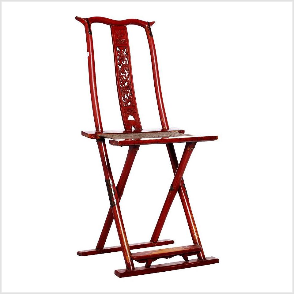 Antique Chinese Folding Chair – Carved Back Panel, Red Lacquer-1. Asian & Chinese Furniture, Art, Antiques, Vintage Home Décor for sale at FEA Home