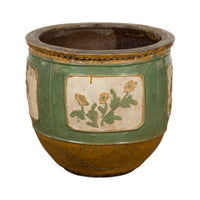 Antique Chinese Green Glazed Ceramic Planter with Cartouche and Flowers