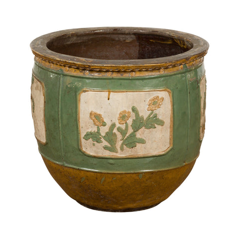 Antique Chinese Green Glazed Ceramic Planter with Cartouche and Flowers-YN7755-1. Asian & Chinese Furniture, Art, Antiques, Vintage Home Décor for sale at FEA Home