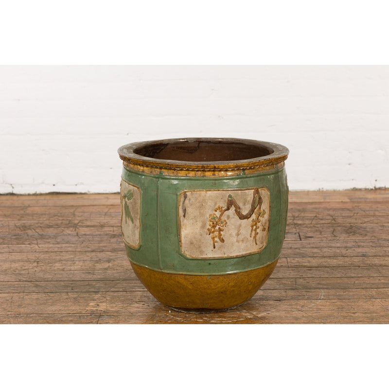 Antique Chinese Green Glazed Ceramic Planter with Cartouche and Flowers-YN7755-10. Asian & Chinese Furniture, Art, Antiques, Vintage Home Décor for sale at FEA Home