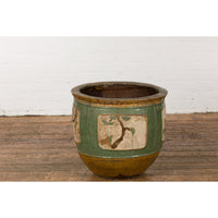 Antique Chinese Green Glazed Ceramic Planter with Cartouche and Flowers