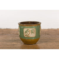 Antique Chinese Green Glazed Ceramic Planter with Cartouche and Flowers