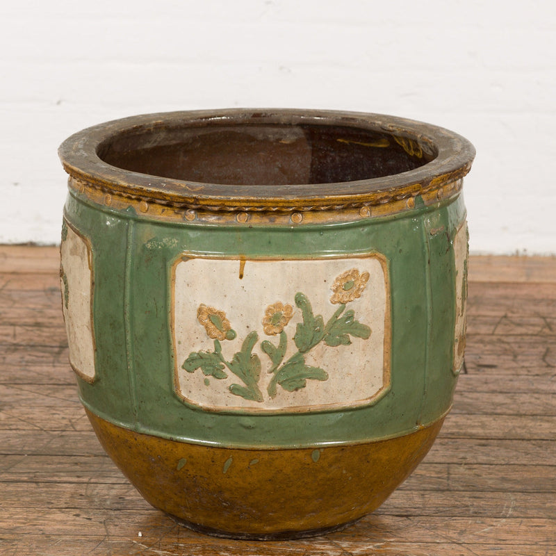 Antique Chinese Green Glazed Ceramic Planter with Cartouche and Flowers-YN7755-4. Asian & Chinese Furniture, Art, Antiques, Vintage Home Décor for sale at FEA Home