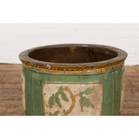Antique Chinese Green Glazed Ceramic Planter with Cartouche and Flowers