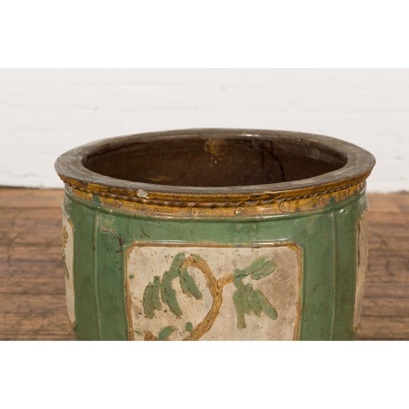 Antique Chinese Green Glazed Ceramic Planter with Cartouche and Flowers-YN7755-5. Asian & Chinese Furniture, Art, Antiques, Vintage Home Décor for sale at FEA Home