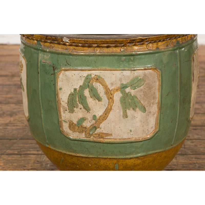 Antique Chinese Green Glazed Ceramic Planter with Cartouche and Flowers-YN7755-6. Asian & Chinese Furniture, Art, Antiques, Vintage Home Décor for sale at FEA Home