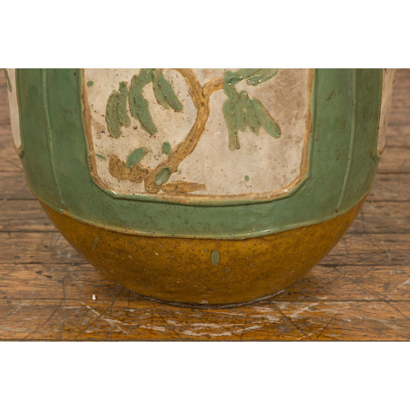 Antique Chinese Green Glazed Ceramic Planter with Cartouche and Flowers-YN7755-7. Asian & Chinese Furniture, Art, Antiques, Vintage Home Décor for sale at FEA Home