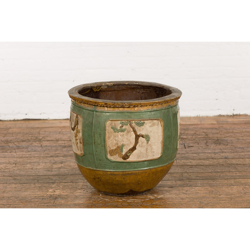 Antique Chinese Green Glazed Ceramic Planter with Cartouche and Flowers-YN7755-9. Asian & Chinese Furniture, Art, Antiques, Vintage Home Décor for sale at FEA Home