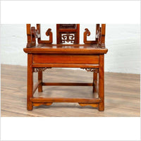 Antique Chinese Hand Carved Chair with Natural Wood Patina, Red and Gold Accents