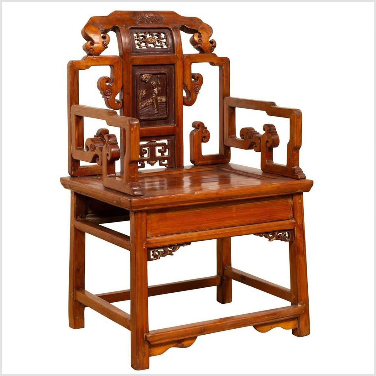 Antique Chinese Hand Carved Chair with Natural Wood Patina, Red and Gold Accents-1. Asian &amp; Chinese Furniture, Art, Antiques, Vintage Home Décor for sale at FEA Home