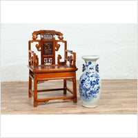 Antique Chinese Hand Carved Chair with Natural Wood Patina, Red and Gold Accents