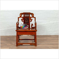 Antique Chinese Hand Carved Chair with Natural Wood Patina, Red and Gold Accents