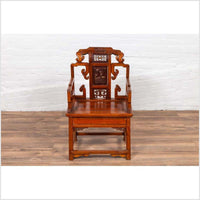 Antique Chinese Hand Carved Chair with Natural Wood Patina, Red and Gold Accents