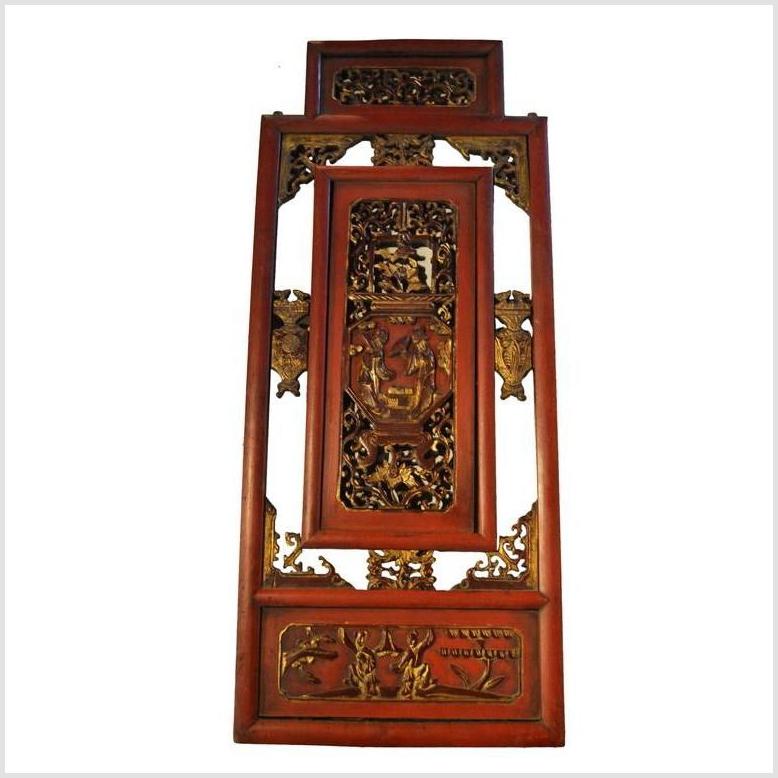 Antique Chinese Carved Panel – Courtyard Scene, Red-Gilt Relief-2. Asian & Chinese Furniture, Art, Antiques, Vintage Home Décor for sale at FEA Home