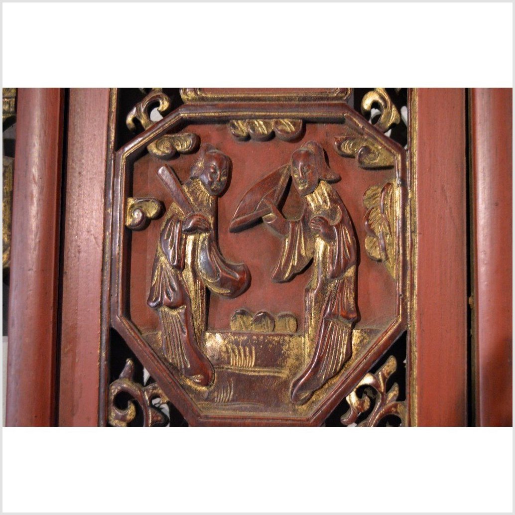 Antique Chinese Carved Panel – Courtyard Scene, Red-Gilt Relief-1. Asian & Chinese Furniture, Art, Antiques, Vintage Home Décor for sale at FEA Home