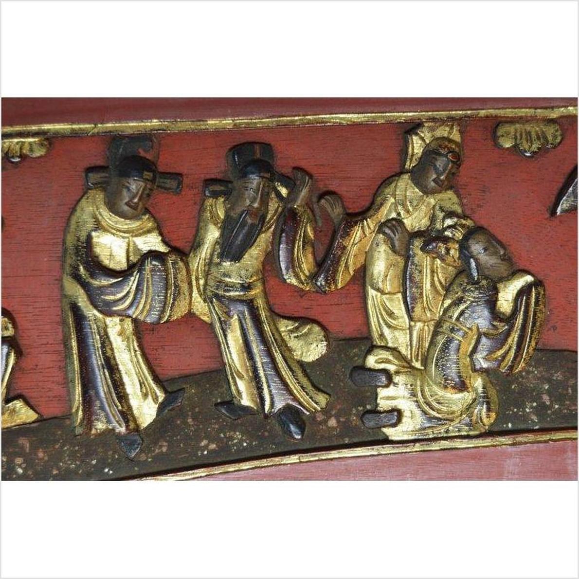 Red wooden sign with hand-carved four robed figures, antique Chinese, 19th century.