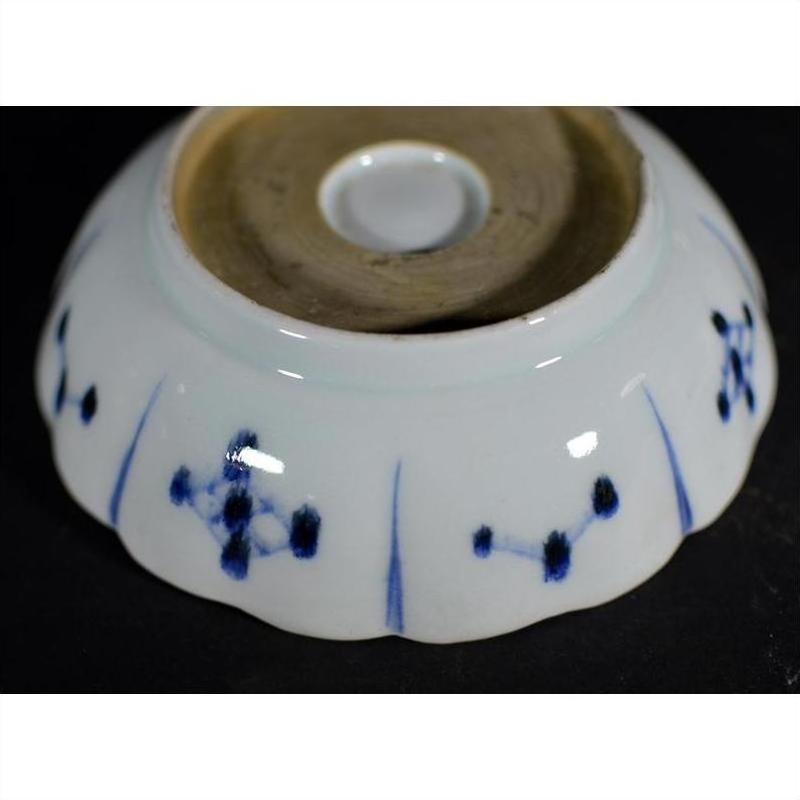 White and blue porcelain fluted plate with wind-swept pine and floral patterns, smooth unglazed base, close-up view.
