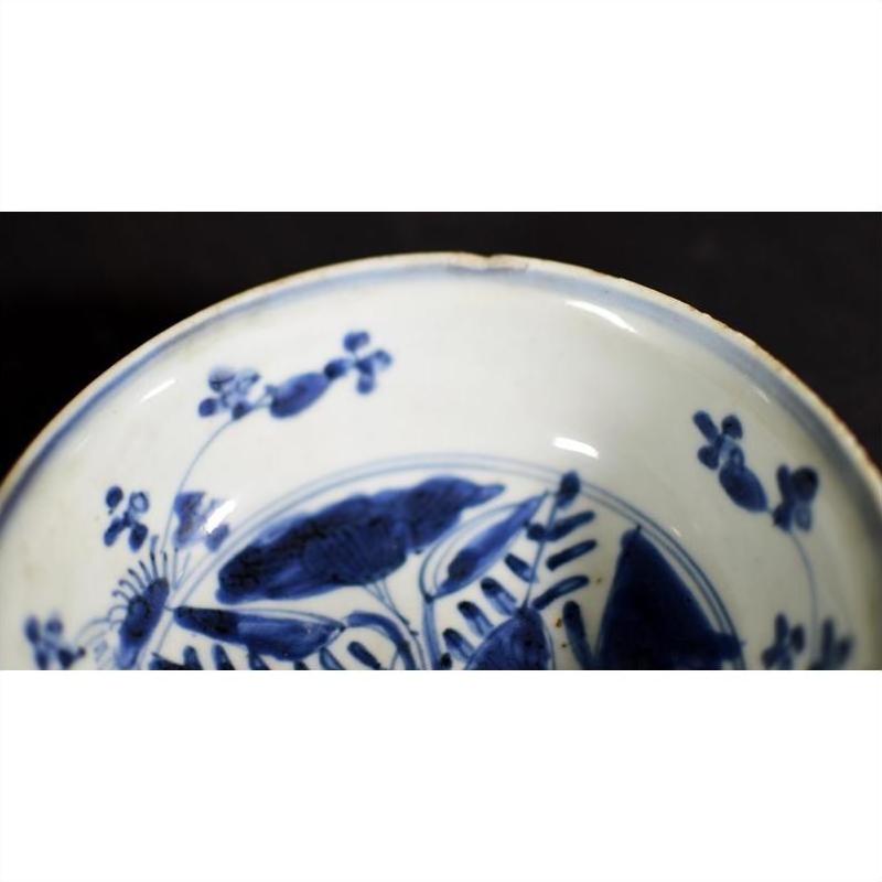 Close-up of white porcelain dish with foliate hill motif, rustic brushwork, and chipped rim on black background.