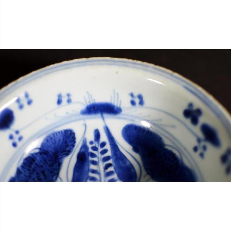Close-up of blue and white porcelain dish with radial botanical spray pattern on rim, antique Asian style.