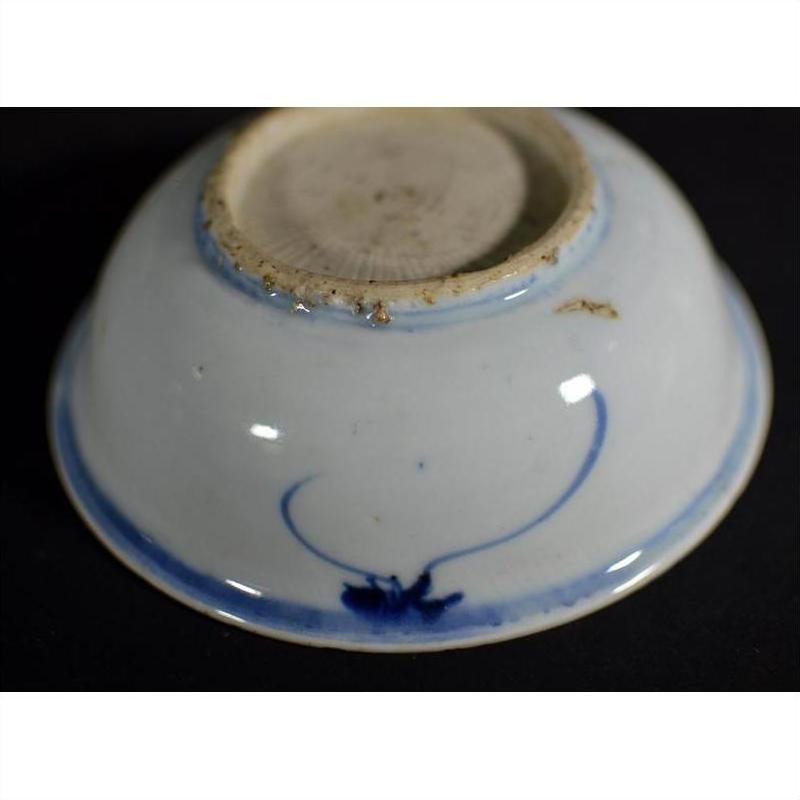 Blue and white porcelain dish with radial botanical spray design and unglazed base ring, close-up view.