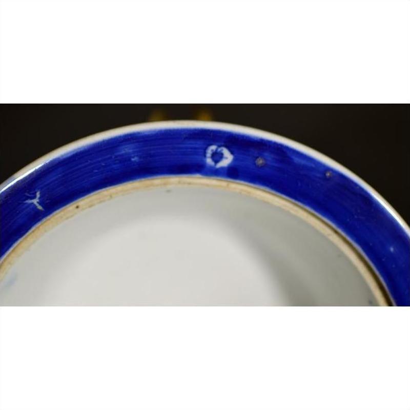 Close-up of blue and white ceramic Asian deep plate rim, showing small marks and a white spot on the glaze.