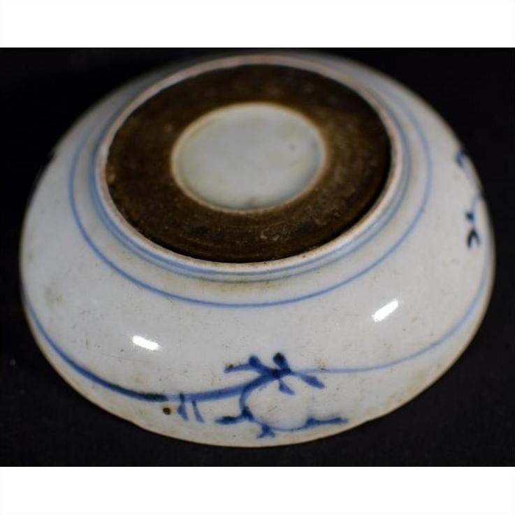 Blue and white porcelain dish, rosette medallion design with floral accents near the base rim, shown upside down.