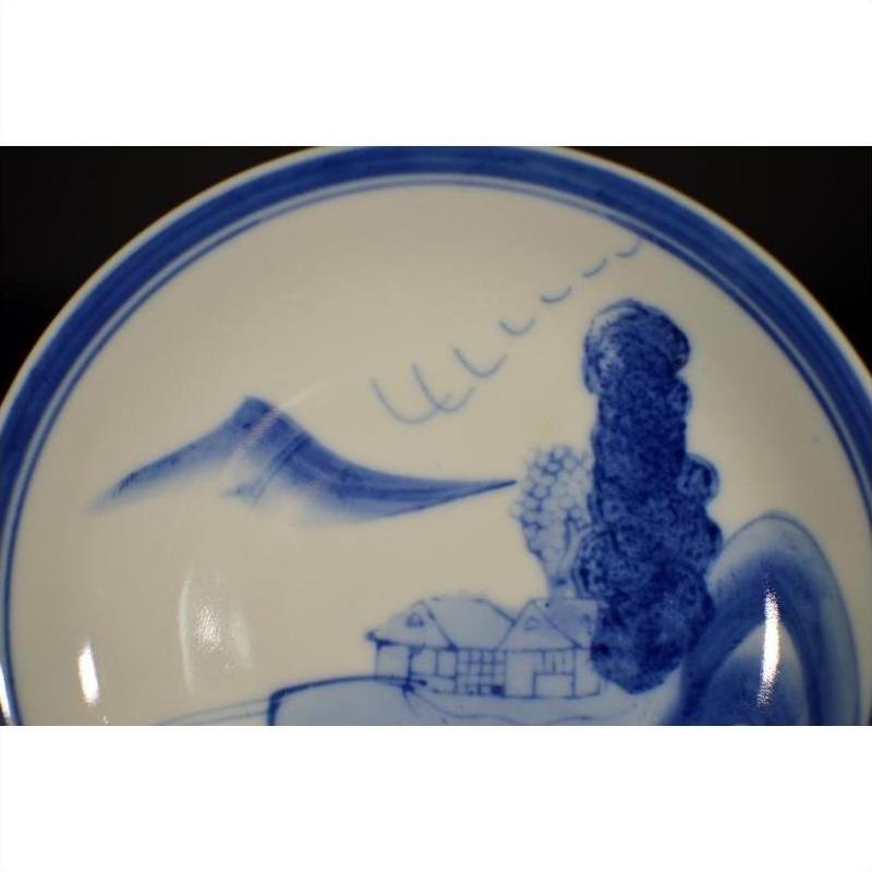 Blue and white porcelain plate with hand-painted Chinese scholar by river, antique landscape design, close-up view.