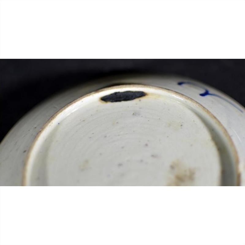 Close-up of white porcelain plate with hand-painted longevity and crab design, chipped rim, on a dark background.
