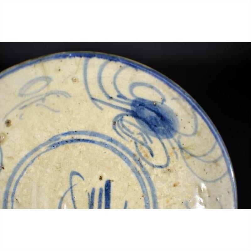 Close-up of a cream porcelain plate with blue floral designs and a butterfly, antique Chinese hand-painted style.