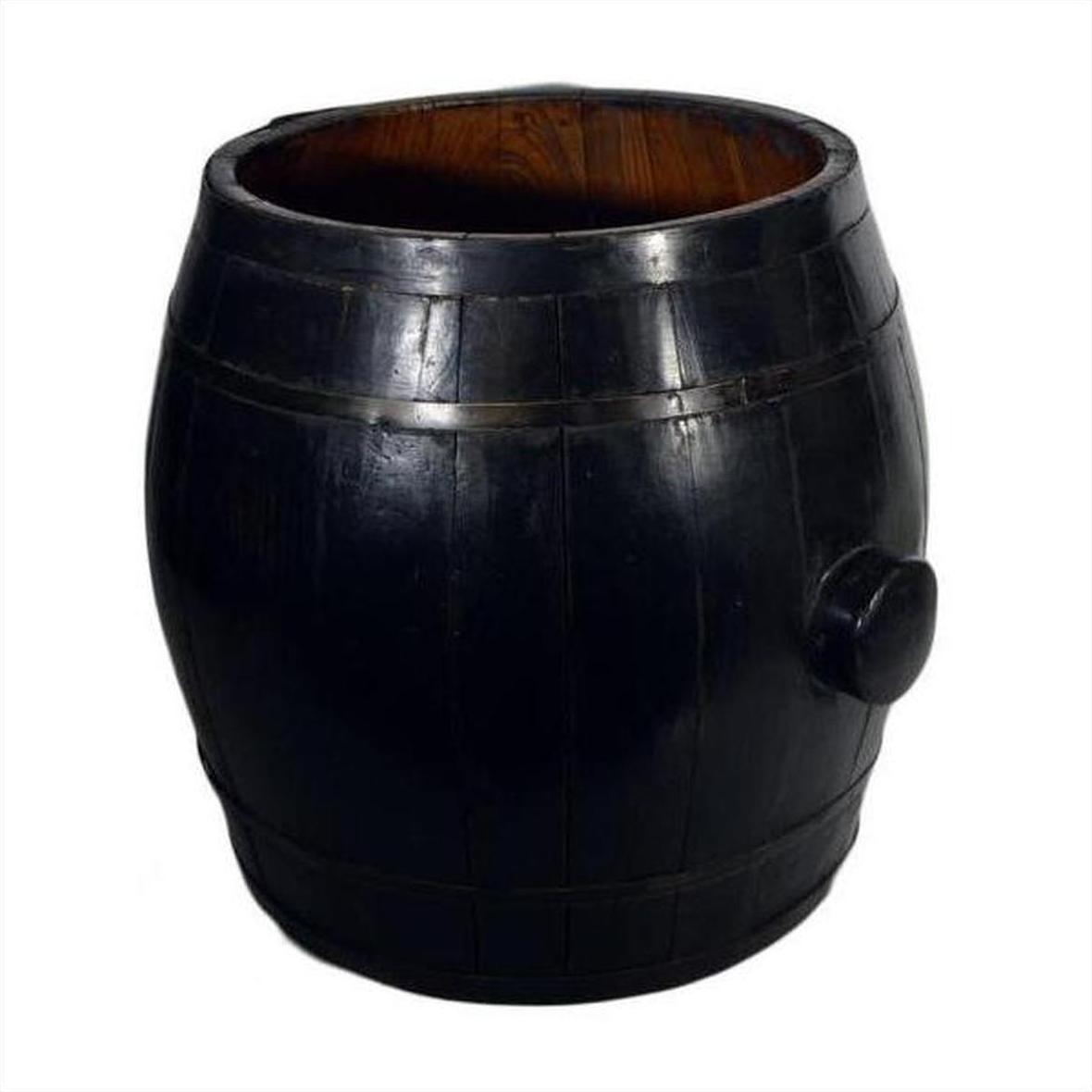 Brown varnished wood grain Chinese barrel with metal bands, open top, on white background.