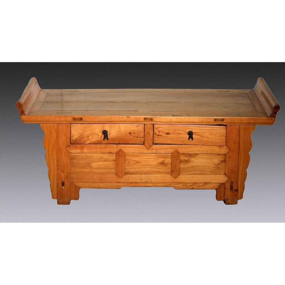 Brown wood Chinese Kang low cabinet with everted flanges, two drawers, side panels, and rustic smooth surface.