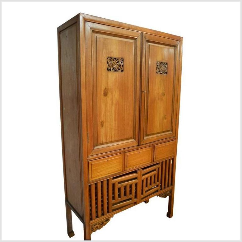 Antique Chinese Kitchen Cabinet w/ Hand Carved Framework Design 
