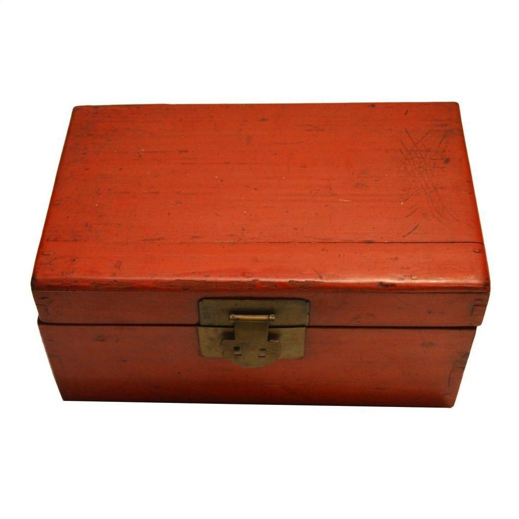 Black and red lacquered Chinese antique box with metal clasp, close-up against a plain white background.