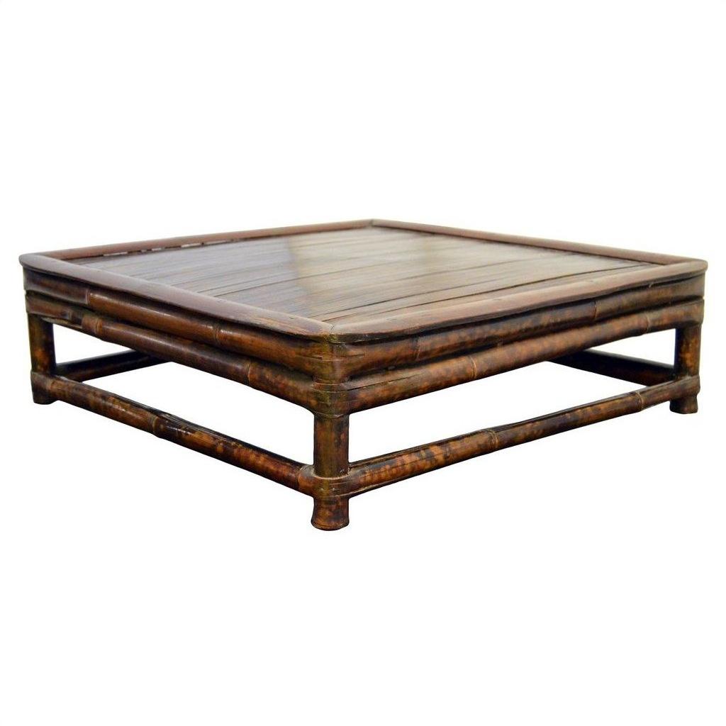 Brown wooden antique Chinese square ceremonial table with open sides, modern design, on white background.