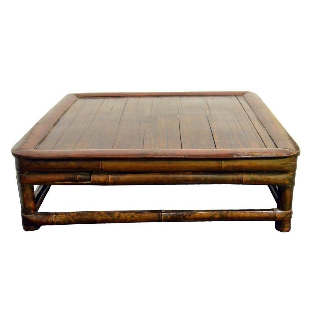Brown wood antique Chinese low Kang square ceremonial prayer table with flat top and rounded edges, minimalist style.