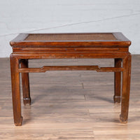 Antique Chinese Ming Dynasty Style Waisted Side Table with Woven Rattan Top
