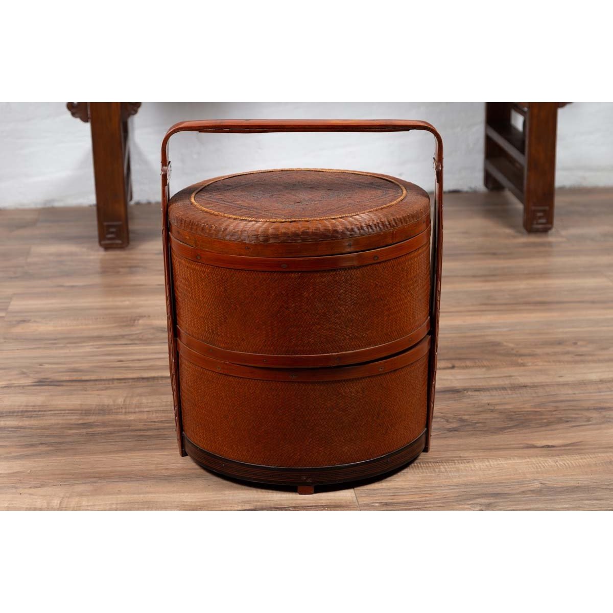 Antique Chinese Rattan Nested Lunch Basket with Carved Handle and Calligraphy-12. Asian &amp; Chinese Furniture, Art, Antiques, Vintage Home Décor for sale at FEA Home